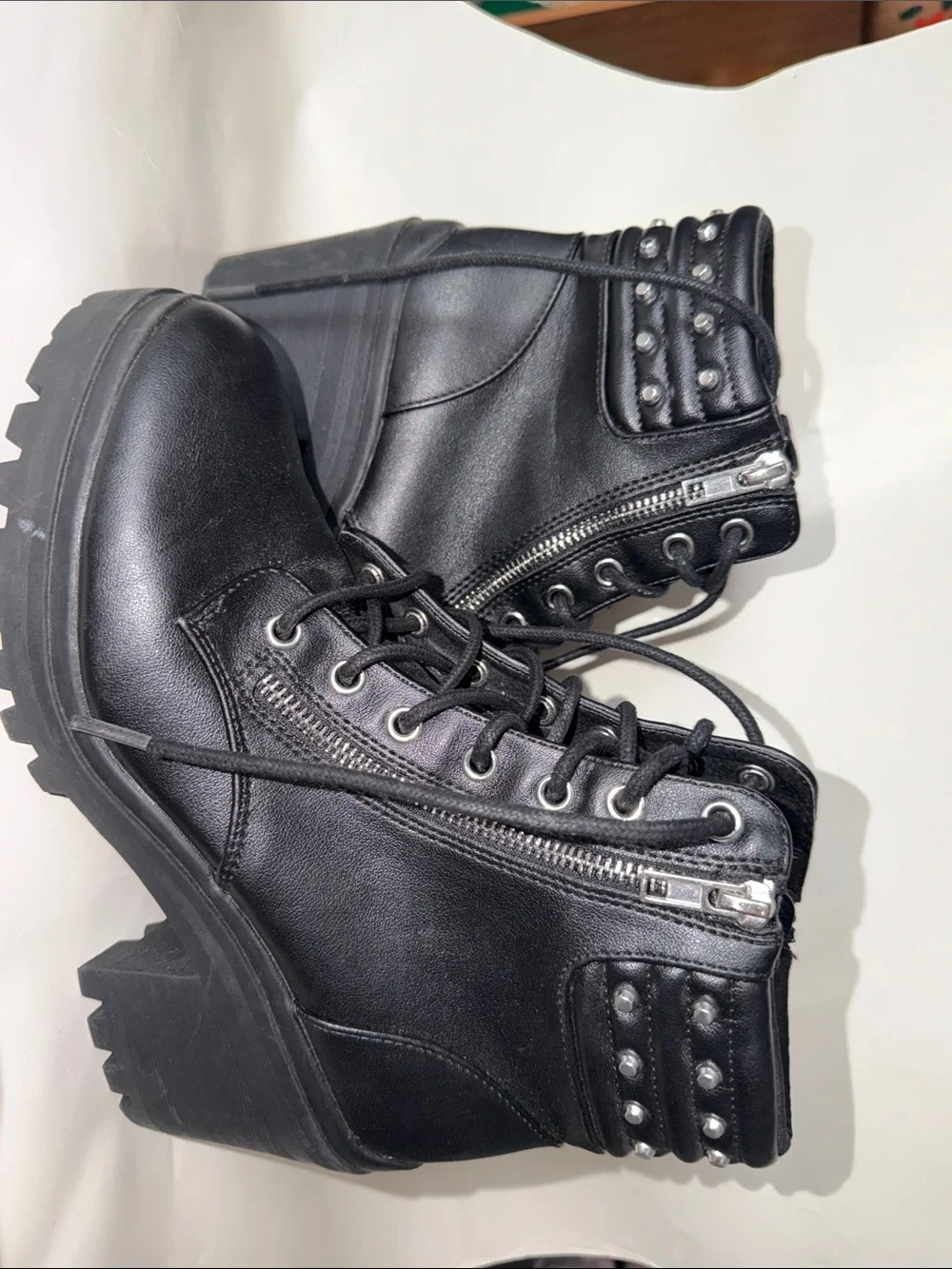 No Boundaries Black Lace-Up Studded Chunky Heel Combat Boots - Picture 7 of 8